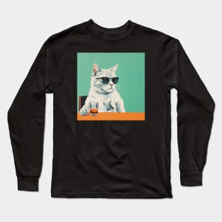 Hipster Cat with Drink Long Sleeve T-Shirt